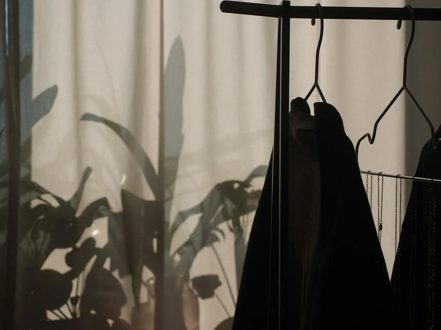 Dark garments on a rail, with the shadow of a plant across the wall.